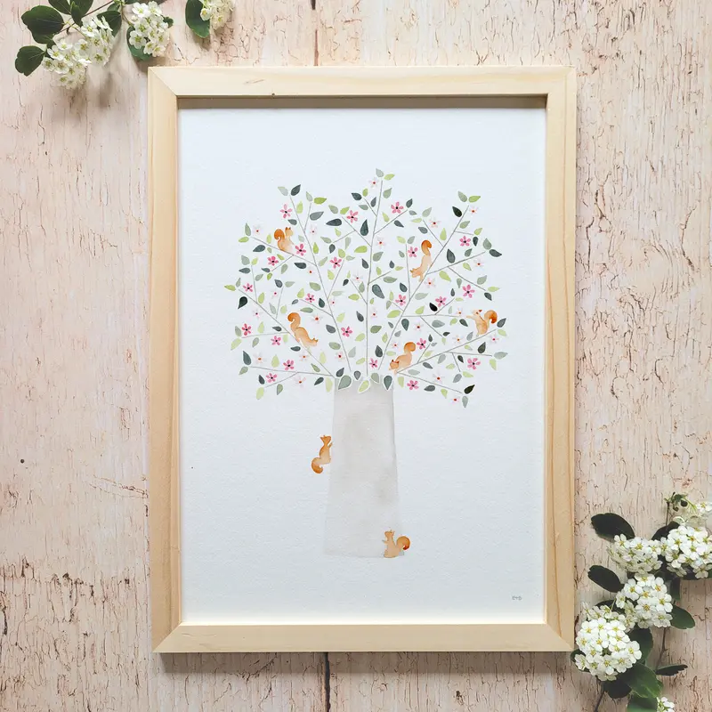 Affiche aquarelle · "L'arbre aux écureuils" · Fleurs roses