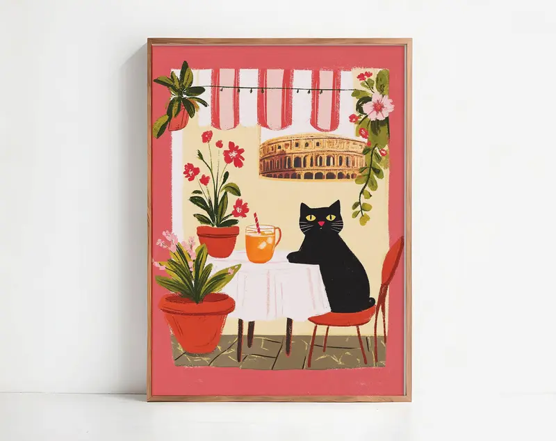 Affiche chat noir à Rome – Collection "Les voyages du chat noir" – déco murale ville et voyage
