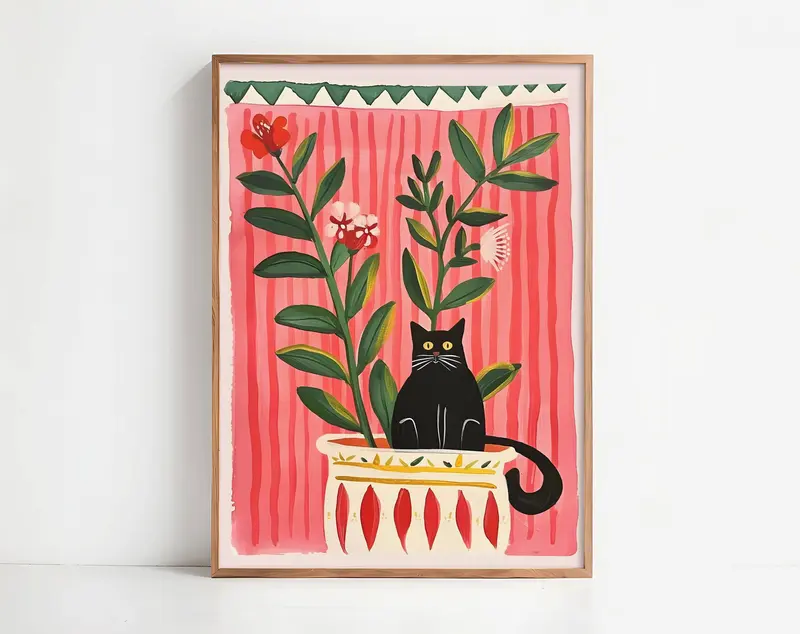 Affiche chat noir – Collection "Le jardin secret des chats"  – Illustration poétique printanière