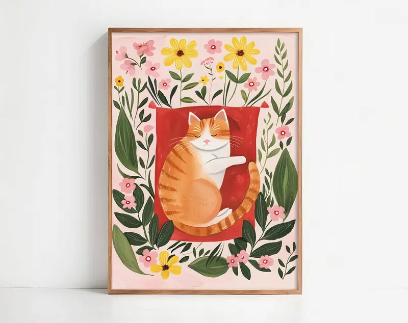 Affiche chat roux – "Le jardin rêveur du chat roux" – Illustration poétique
