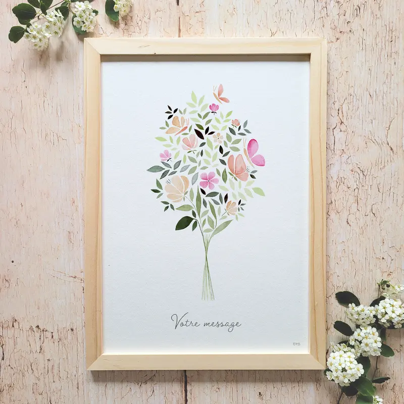 Affiche florale aquarelle · "Bouquet papillon" · Texte personnalisable