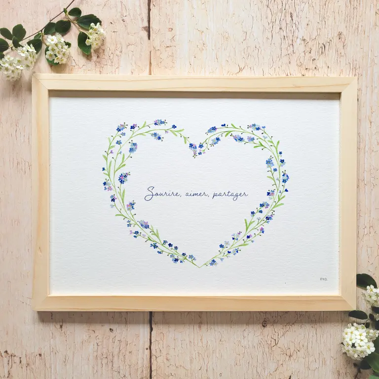 Affiche florale aquarelle · "Coeur myosotis" · Texte personnalisable