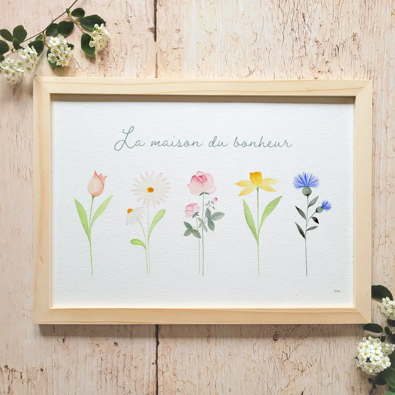 Affiche florale aquarelle · "La maison du bonheur" · Texte personnalisable