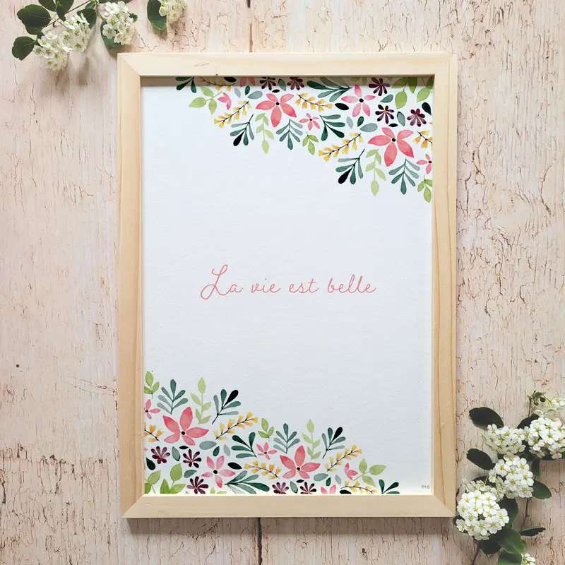 Affiche florale aquarelle · "La vie est belle" · Texte personnalisable