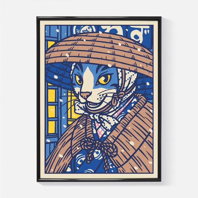Affiche illustration japonaise - Chat quittant un restaurant sous la neige