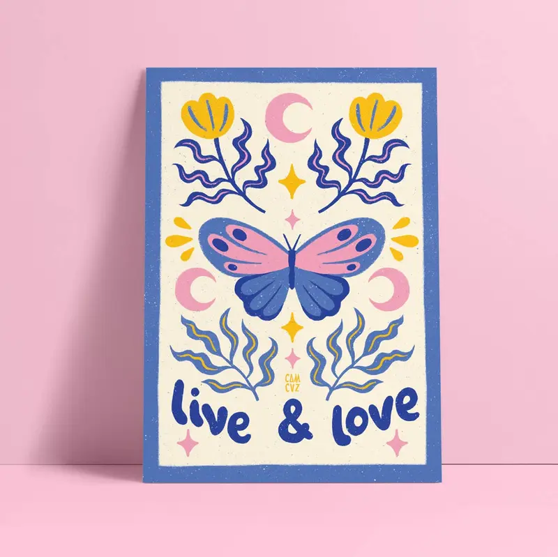 Affiche “Live and Love” – Papillons & Fleurs