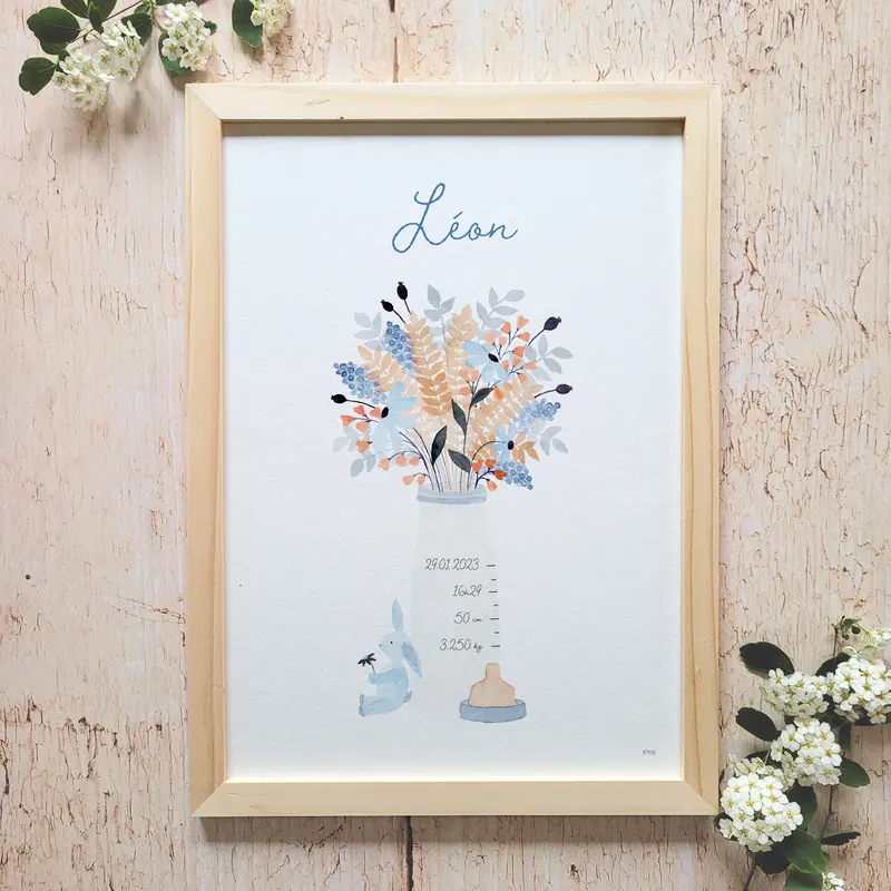 Affiche personnalisable enfant · Aquarelle "Biberon" · Bleu