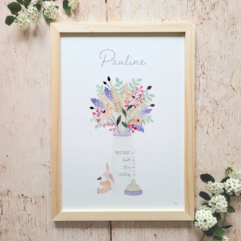 Affiche personnalisable enfant · Aquarelle "Biberon" · Rose