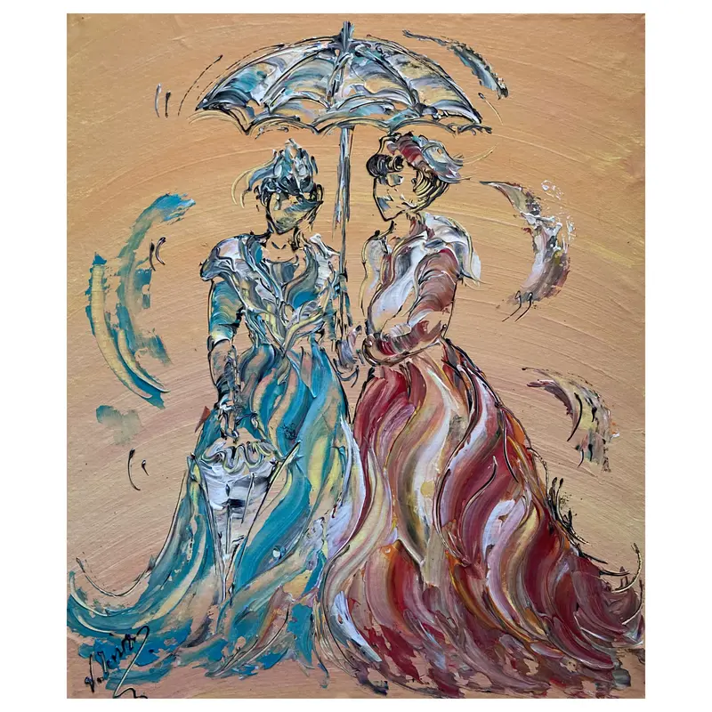 Arlésiennes à l'ombrelle - Peinture sur toile 55x46cm