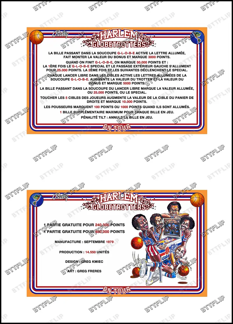 Bally Harlem Globetrotters On Tour 1979 Jeu Cartes règles Instructions Flipper Custom Apron