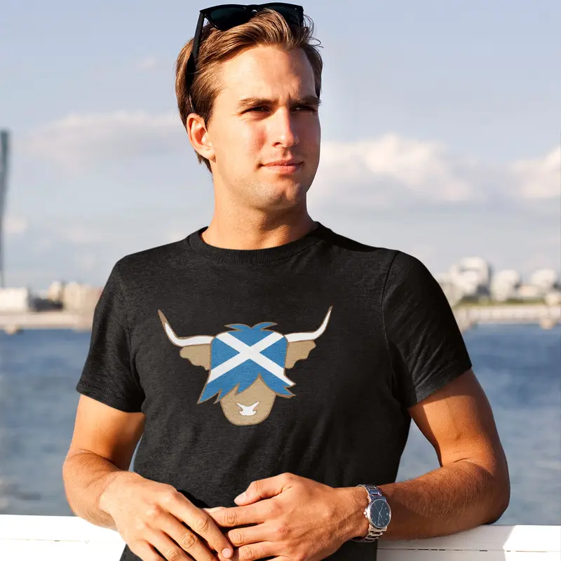 Blue scottish highland cow t-shirt - scotland flag shirt for men