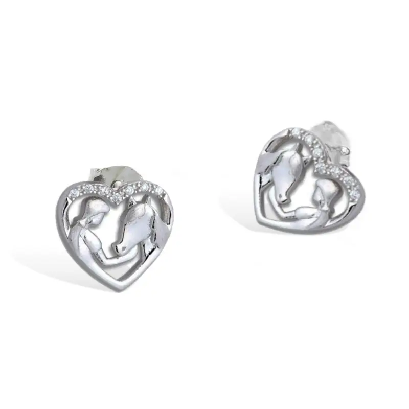 Boucles d'oreilles - Coeur Cheval fille - argent massif et zircon