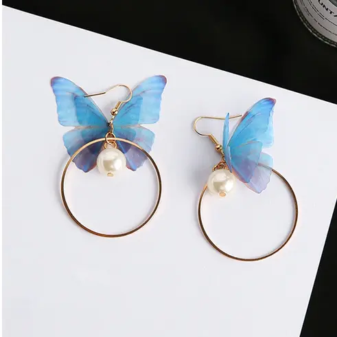 Boucles d'Oreilles Papillon Bleu Créoles