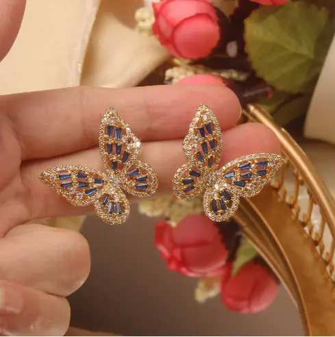 Boucles d'Oreilles Papillon Bleu et Couleur Or