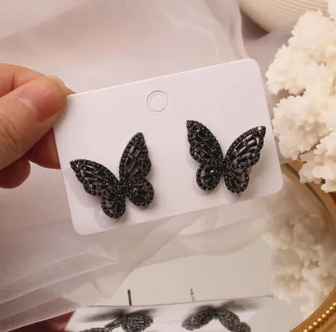 Boucles d'Oreilles Papillon Strass Noir