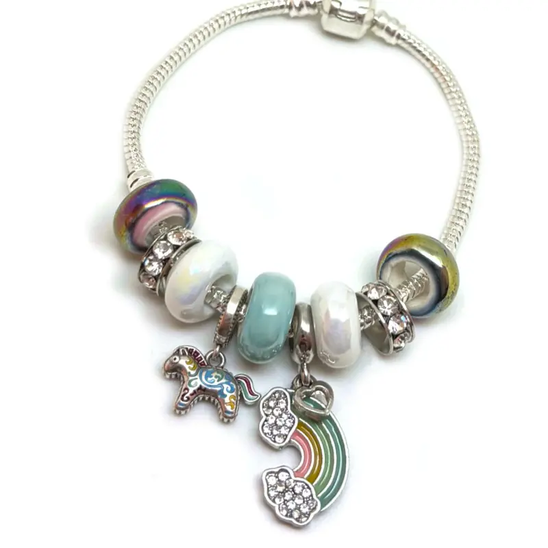 Bracelet argent - Farandole perles Poney et arc-en-ciel (2)