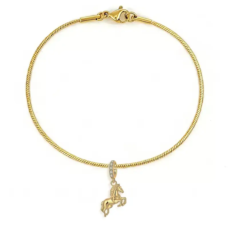 Bracelet chaîne serpent - Petit cheval argent massif - Plaqué or et zircons