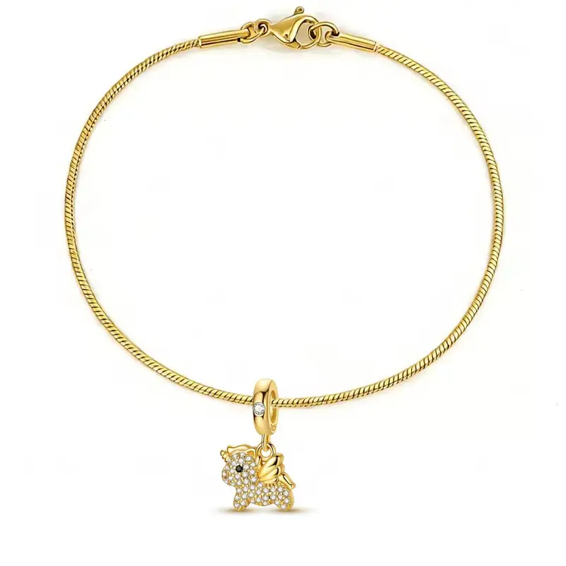 Bracelet chaîne serpent - Petite licorne argent massif - Plaqué or et zircons