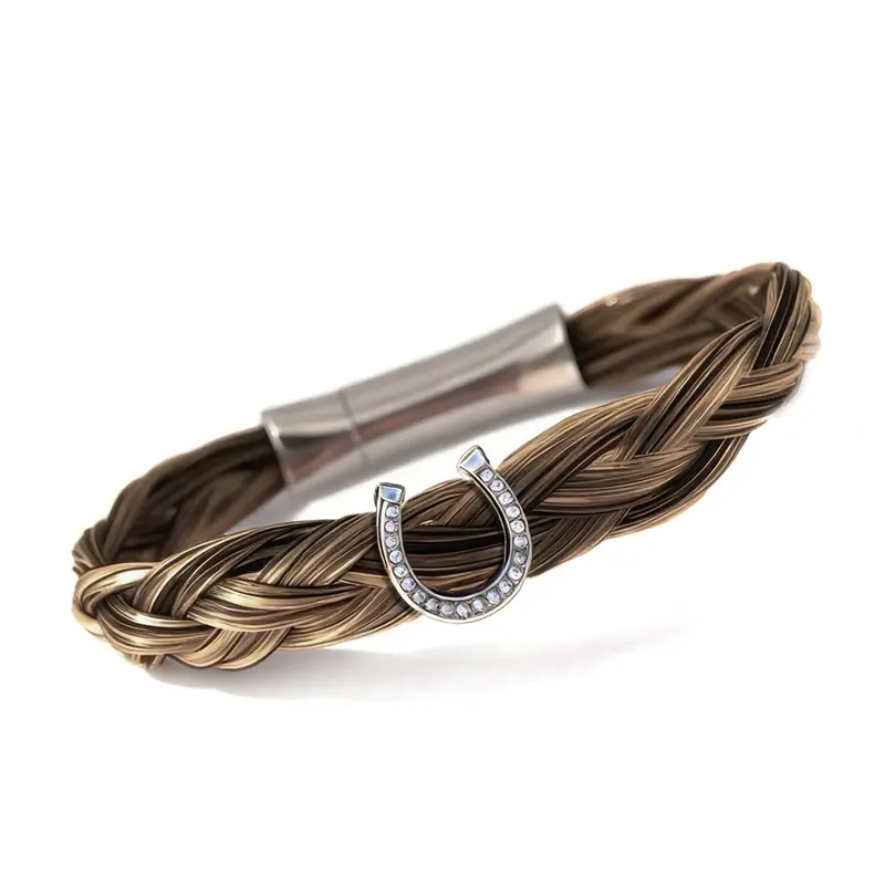 Bracelet crins de cheval Tresse 4 mèches Motif Fer à cheval et zircons