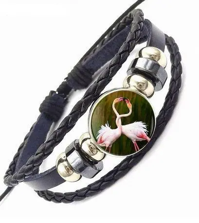 Bracelet Cuir Flamant Rose Charme