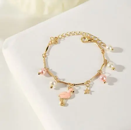 Bracelet Flamant Rose Breloque Plaqué Couleur Or