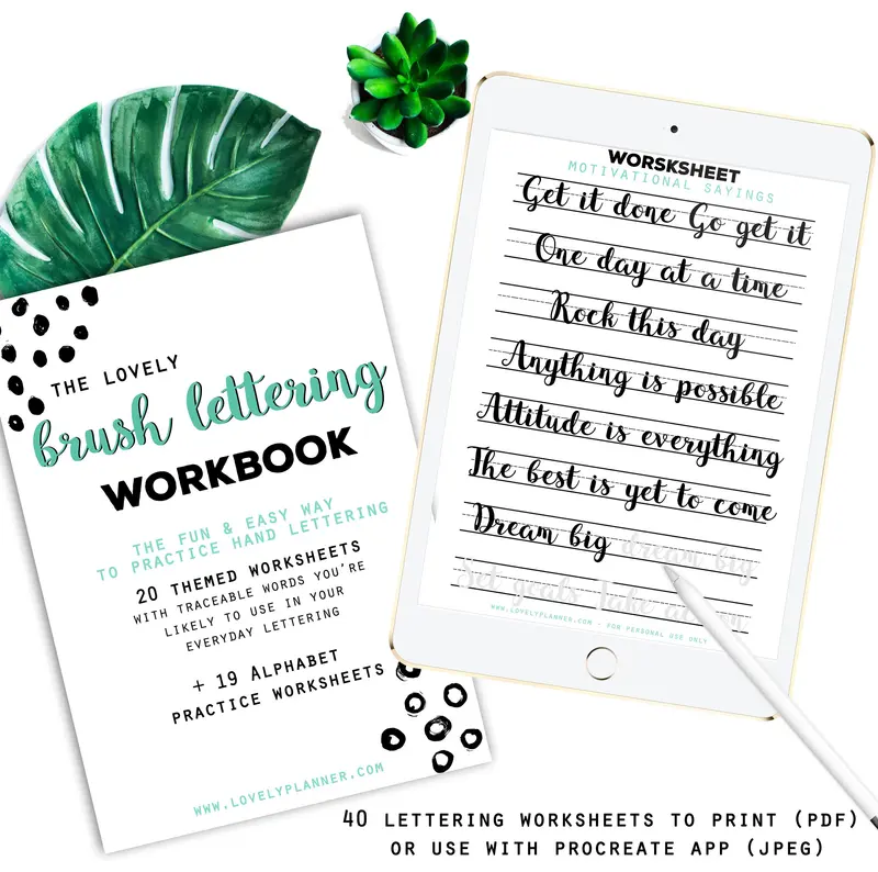 Brush Lettering - 40 Practice Worksheets