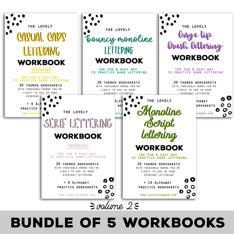 BUNDLE of 5 Lettering Workbooks with 180 Hand Lettering Practice Worksheets - Volume 2 - Procreate & Print, Modern Calligraphy, Ipad