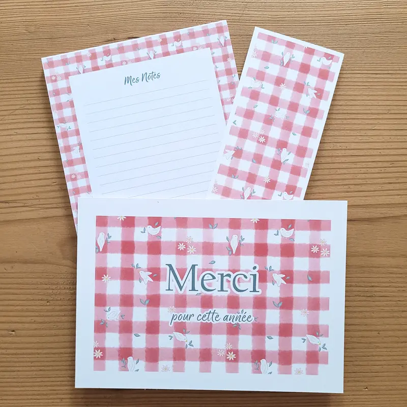 Cadeau fin d'année · Bloc-notes + carte + marque-page "Vichy fleuri"