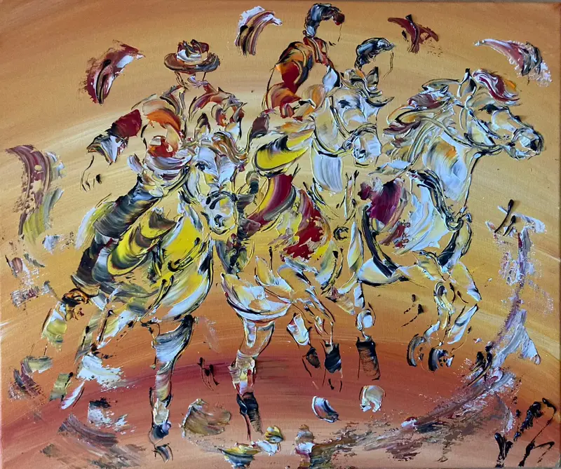 Camargue chevaux gardians - Peinture sur toile 55x46cm