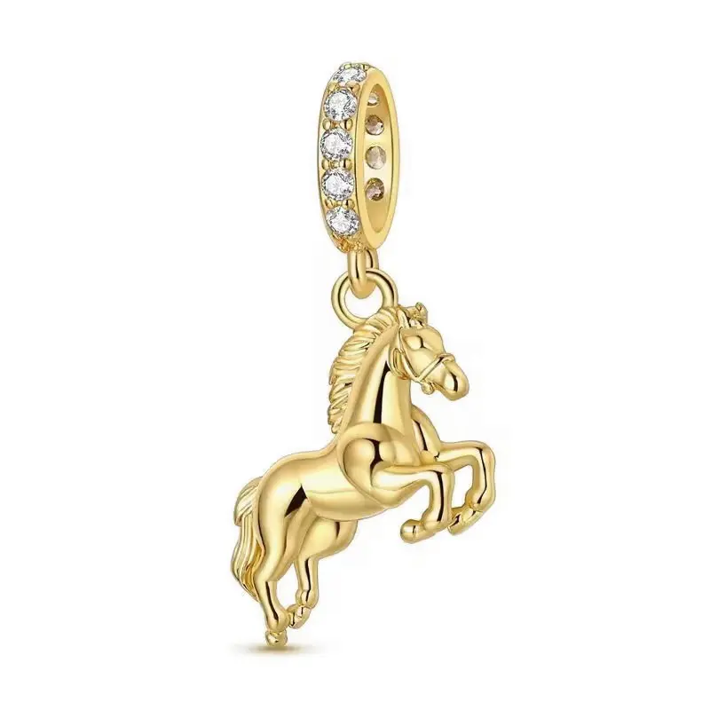 Charm Pendant - Petit cheval argent massif - Plaqué or et zircons