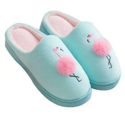 Chaussons Flamant Rose Pompon Bleu