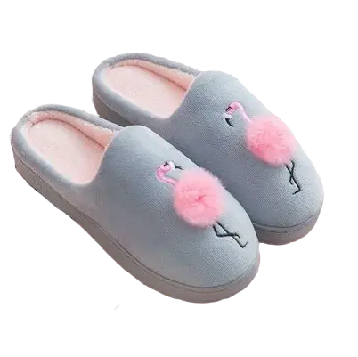 Chaussons Flamant Rose Pompon Gris