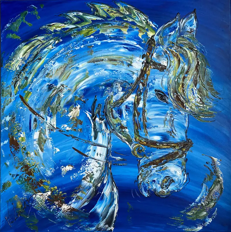 Cheval blanc fond bleu - Peinture sur toile 80x80cm