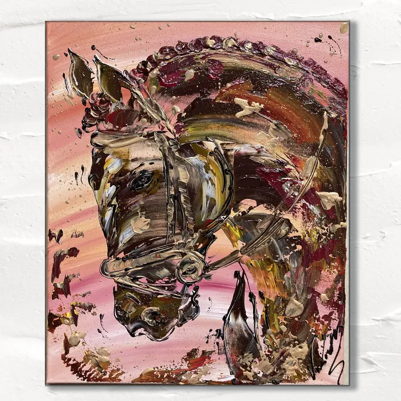 Cheval brun équitation - Peinture sur toile 46x38cm