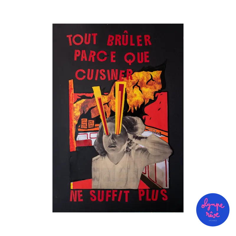 Collage original n°5 — Cuisiner ne suffit plus, Pièce unique A4 sur papier noir