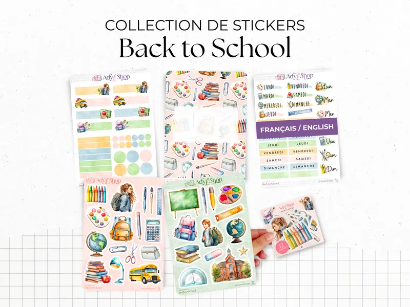 Collection complète de planches de stickers "Back to School" - Autocollants sur le thème de la rentrée scolaire, école, papeterie, art - Bullet Journal / Planner