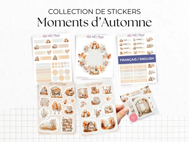 Collection complète de planches de stickers "Moments d'Automne" - Autocollants sur le thème l'automne - Couleurs automnales, ambiance cozy - Bullet Journal/Planner