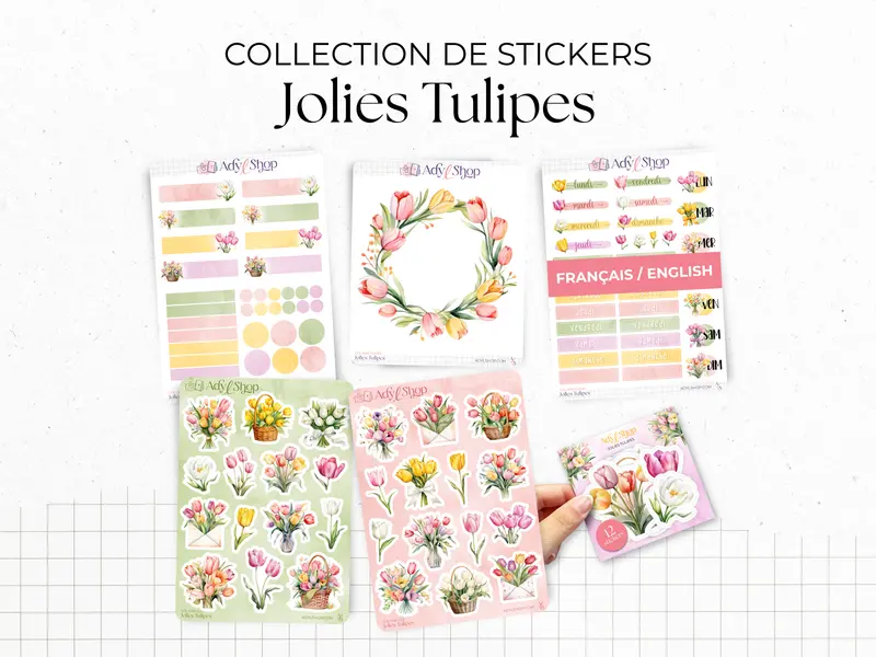 Collection complète de stickers "Jolies Tulipes" - Autocollants sur le thème du printemps, fleurs - Jolies tulipes colorées - Bullet Journal Planner