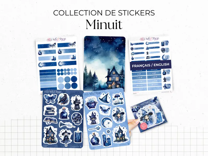 Collection complète de stickers "Minuit" - Autocollants sur le thème de la magie, sorcellerie, Halloween - Bullet Journal / Planner