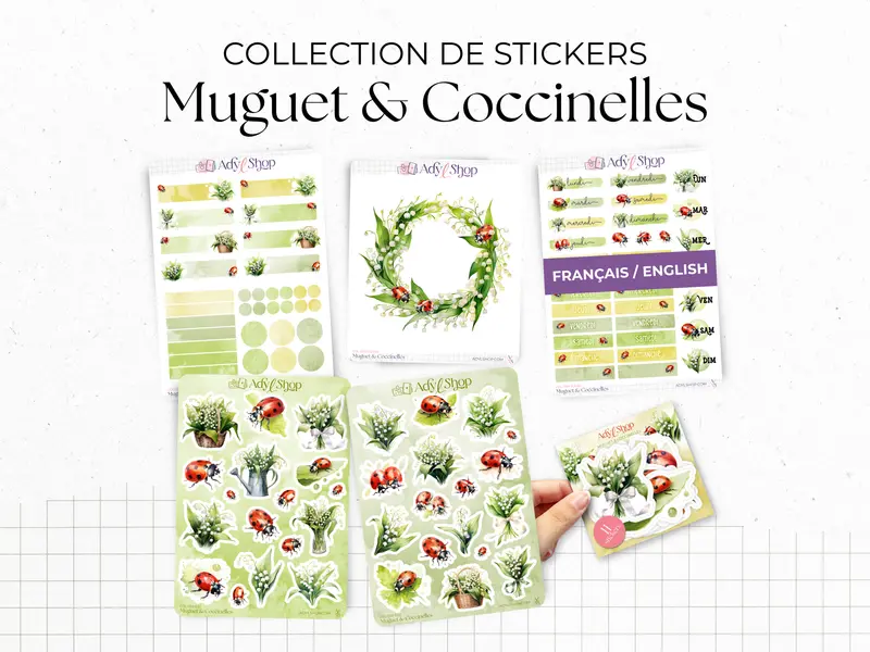 Collection complète de stickers "Muguet & Coccinelles" - Autocollants sur le thème du printemps