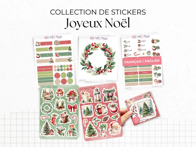 Collection de Planches de Stickers "Joyeux Noël" - Autocollants sur le thème de Noël, hiver, père Noël, cadeaux, houx, fêtes - Bullet Journal/Planner
