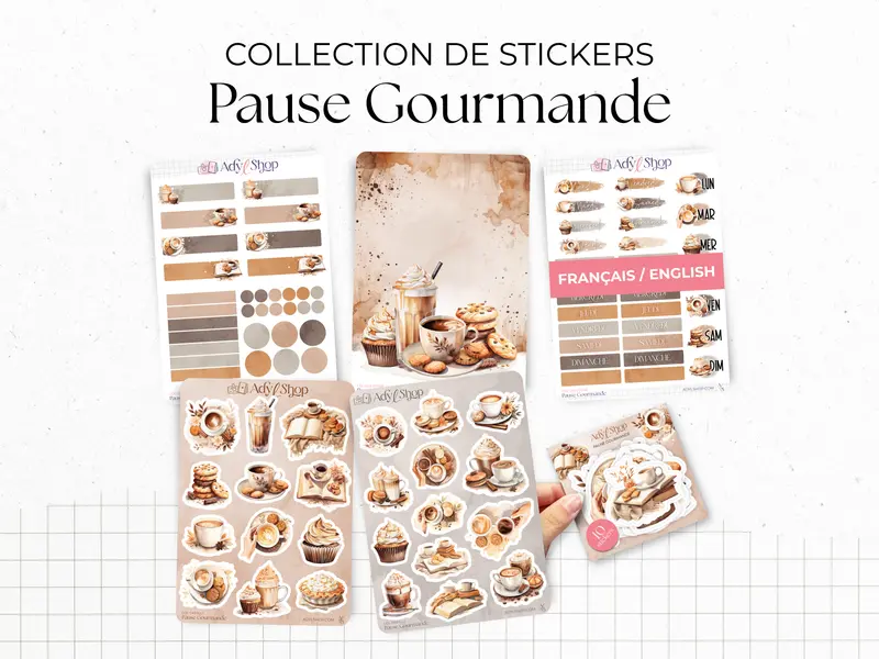 Collection de Planches de Stickers "Pause Gourmande" - Autocollants sur le thème de la gourmandise, café, chocolat, cupcake, cozy - Bullet Journal/Planner