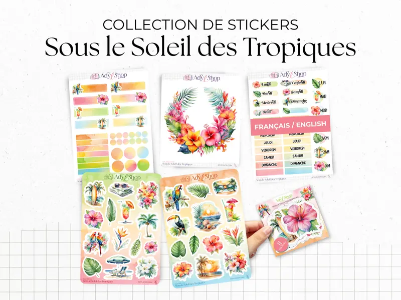 Collection de planches de stickers "Sous le Soleil des Tropiques" - Autocollants sur le thème de l'été