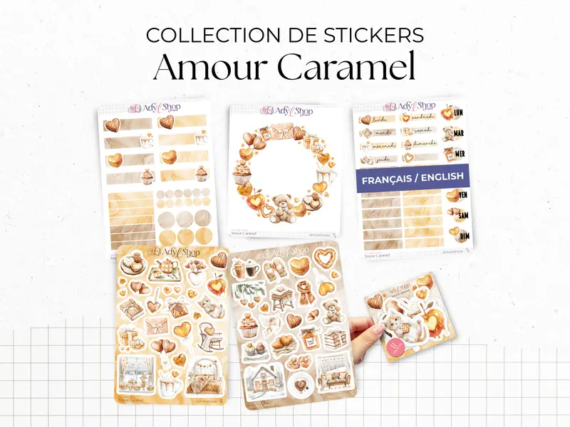 Collection de stickers "Amour Caramel" - Autocollants sur le thème de la gourmandise et de l'amour