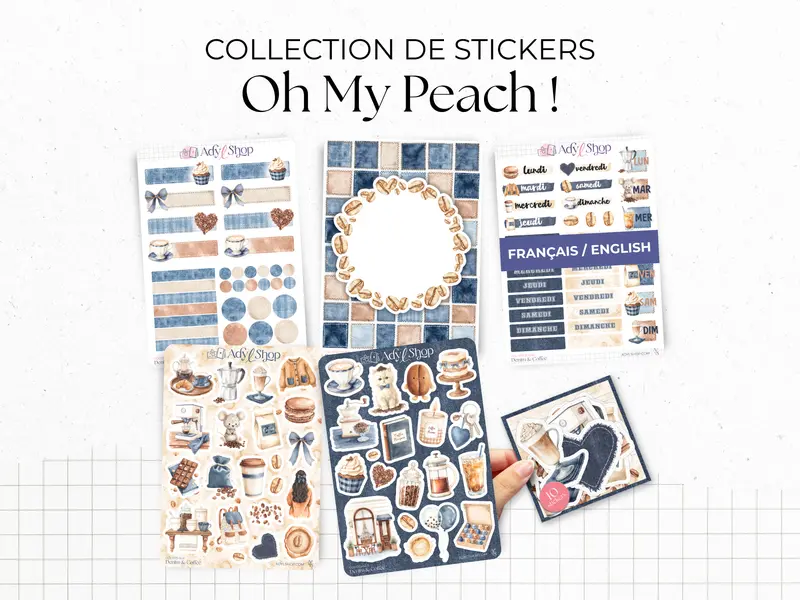 Collection de stickers "Denim & Coffee" - Autocollants sur le thème du café, du jean et du denim - Bullet Journal, journaling