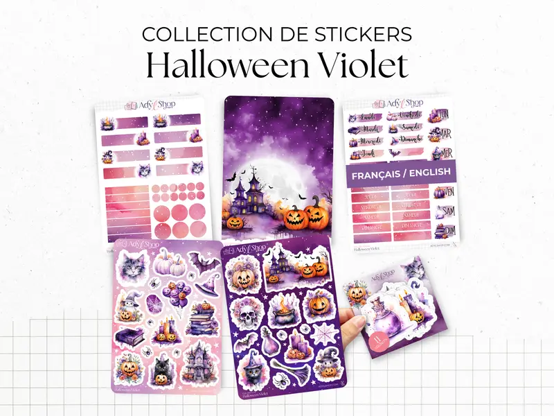 Collection de stickers "Halloween Violet" - Autocollants sur le thème de la magie, sorcellerie, Halloween, spooky - Bullet Journal / Planner