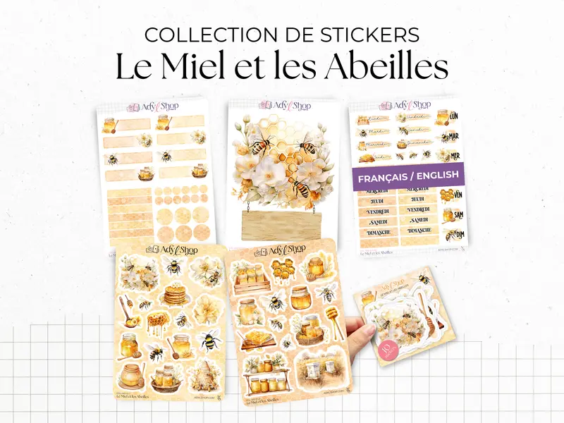 Collection de stickers "Le Miel et les Abeilles" - Autocollants sur le thème du miel et des abeilles, ruche - Bullet Journal