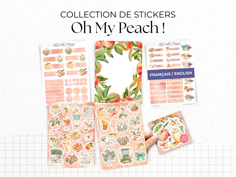 Collection de stickers "Oh My Peach !" - Autocollants sur le thème de l'été, des pêches, des fruits - Bullet Journal, journaling