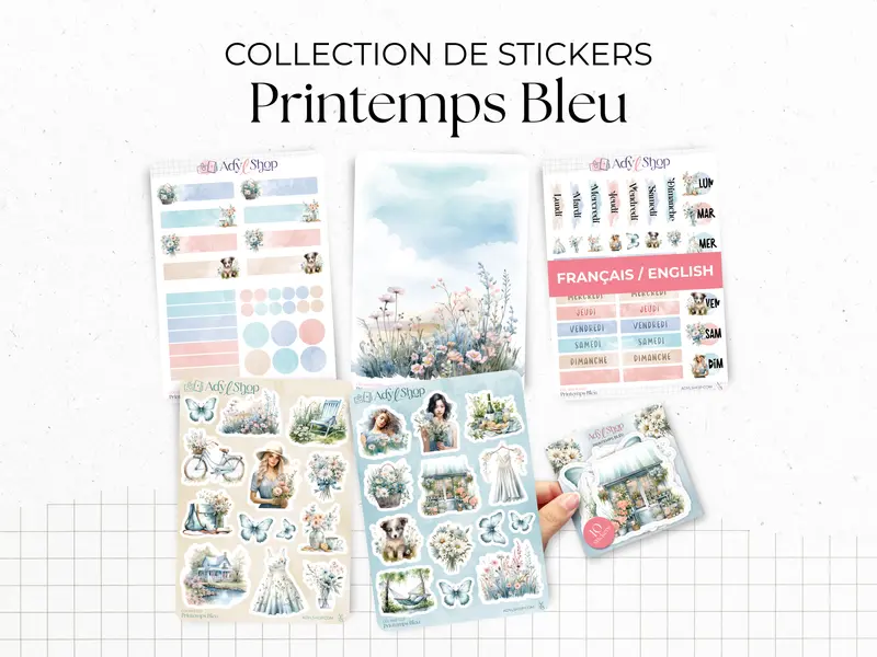Collection de Stickers "Printemps Bleu" - Autocollants sur le thème du printemps, fleurs, papillons, tons bleutés - Bullet Journal Planner