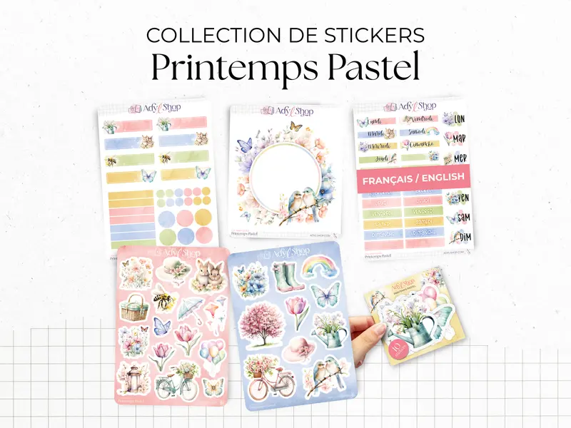 Collection de Stickers "Printemps Pastel" - Autocollants sur le thème du printemps, fleurs, papillons, couleurs pastel -Bullet Journal Planner